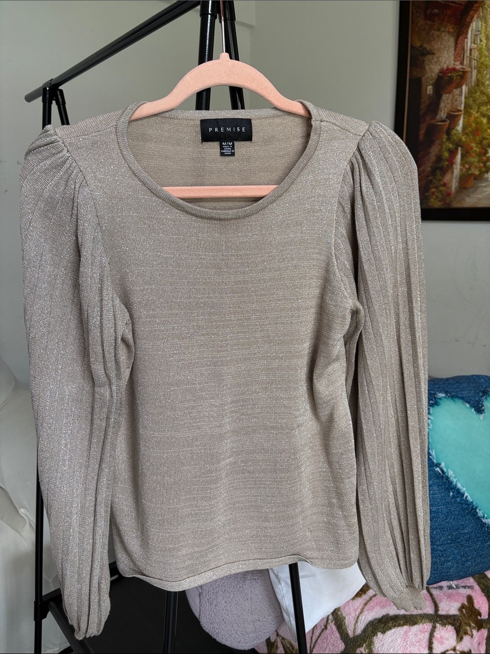 Premise Metallic Taupe Puff-Sleeve Knit Top